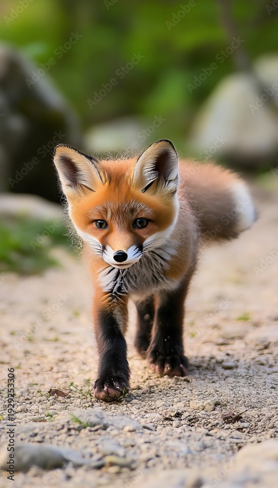 Obraz premium Adorable Baby Fox Portrait Close Up in a Lush Forest, Capturing the Playful Spirit of Nature