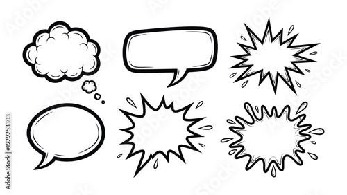 Comic Bubble Collection: A dynamic collection of six hand-drawn comic bubbles, ideal for adding expressive text and thought bubbles to any illustration.