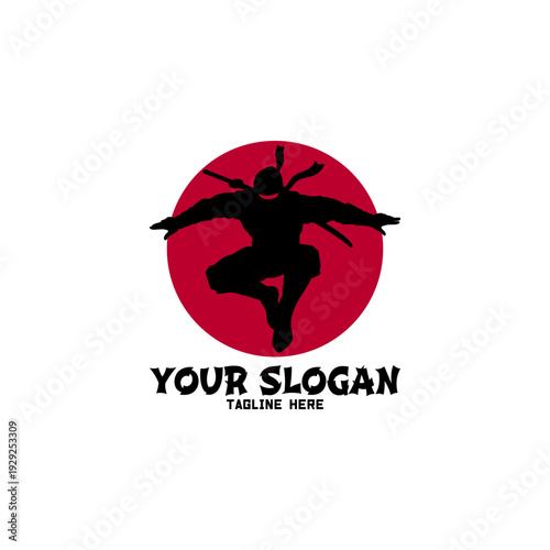 Dynamic Ninja Jump Pose Red Sun Logo Template