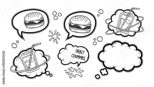 Burger and Drink Thoughts: A whimsical illustration captures a burst of culinary daydreams, with burger and drink in thought bubbles, expressing hunger and thirst in a lighthearted, playful manner.