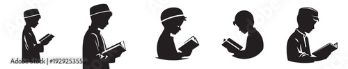 half body vector silhouette of a Muslim child reading the Quran side view