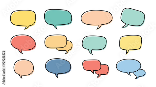 Colorful Dialogue Bubbles: A vibrant collection of diverse dialogue bubbles in a playful array of shapes and hues, perfect for illustrating conversations, thoughts.