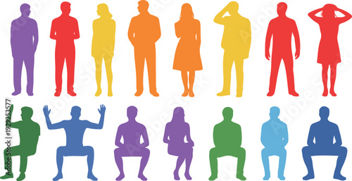 Colorful abstract vector of diverse people silhouettes, standing, sitting, and dancing, including mobility aids, representing inclusion, unity, and equality