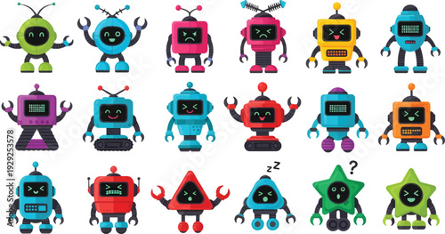 A set of colorful cartoon robots with various facial expressions featuring star and triangle shapes