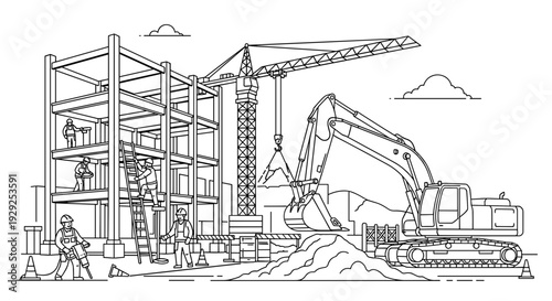 Construction Site with Crane and Excavator.