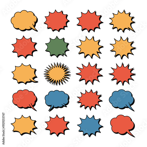 Burst of Thoughts: A vibrant collection of comic book speech bubbles, each a unique shape and color, ready to bring your words to life and add dynamic visual impact.