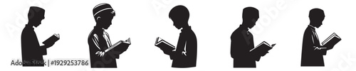 half body vector silhouette of a Muslim child reading the Quran side view