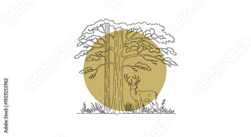 Deer Standing Beside Tree Trunk Illustration.