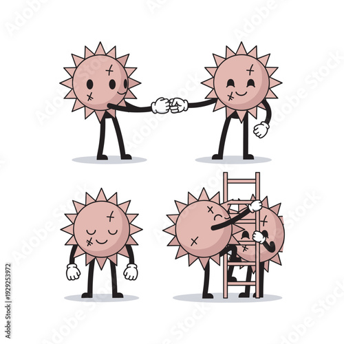Cartoon sun characters showing teamwork and struggle with ladder and copy space