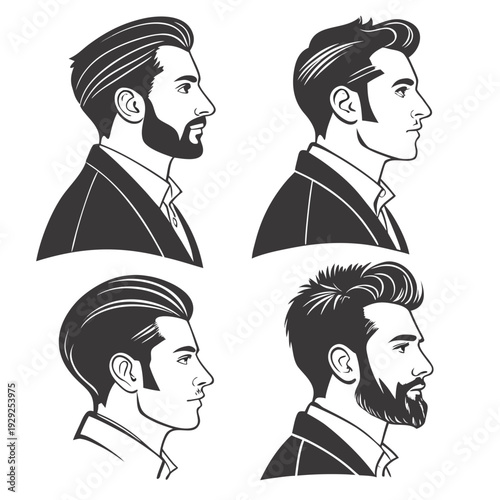 Set of four minimalist male profile silhouettes with diverse beard styles and hair cuts wearing formal suit jackets isolated on clean white background
