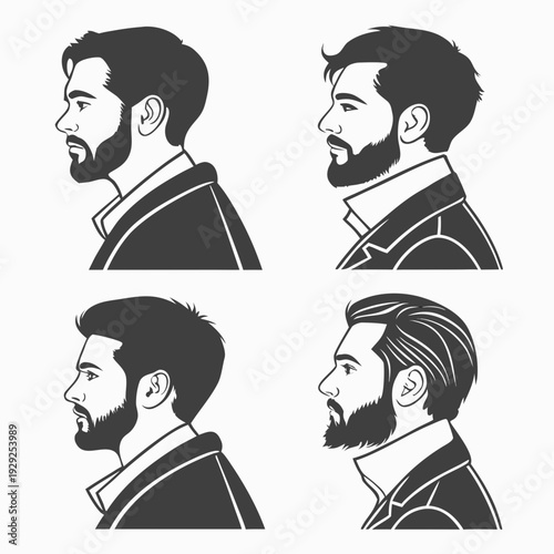 Set of four minimalist male profile silhouettes with diverse beard styles and hair cuts wearing formal suit jackets isolated on clean white background