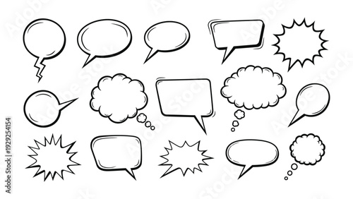 Dialogue Bubbles: Collection of hand-drawn comic speech bubbles, perfect for conveying thoughts, dialogue, and emotions in various creative projects.