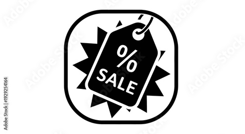 Black and white sale tag with percentage sign in a circular frame for promotional purposes.