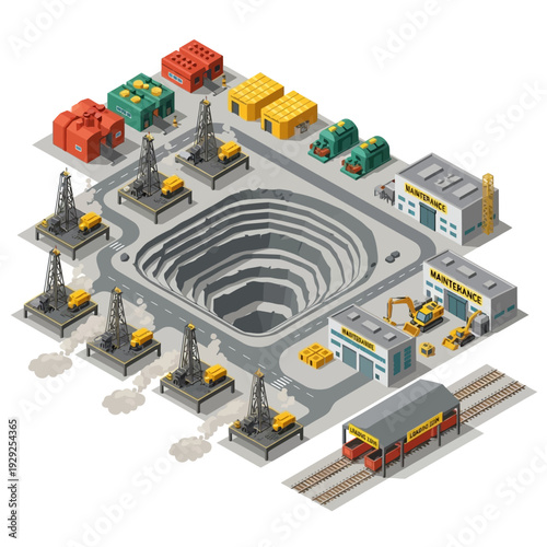 Industrial Mine Site with Machinery and Containers.