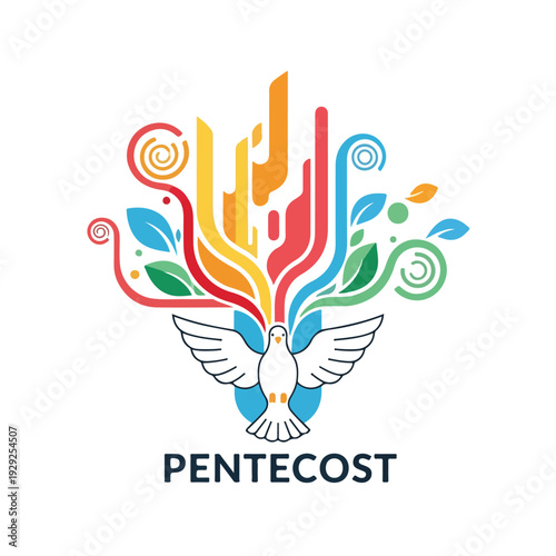 A stylized dove with colorful abstract elements, text below