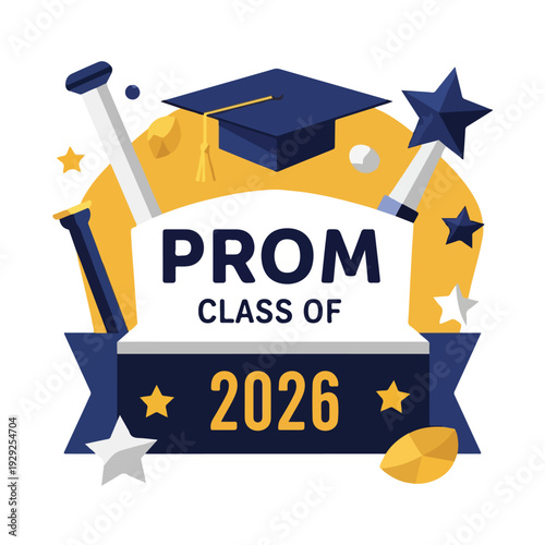 A stylized graphic for a prom event, featuring graduation elements and stars