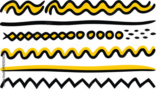Set of 8 Hand Drawn Yellow and Black Underline Doodles Vector