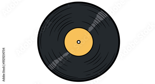 black vinyl record with yellow label hand drawn music icon illustration
