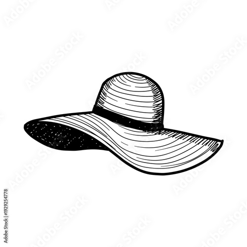 hand drawn summer sun hat with wide brim line art style fashion accessory illustration