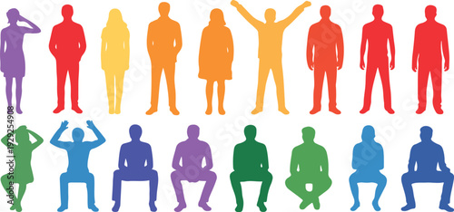 Minimal hand-drawn vector illustration of vibrant diverse figures, using crutches and canes, symbolic of community, inclusion, accessibility, and empowerment