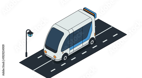 isometric modern autonomous electric bus on road with street lamp hand drawn illustration