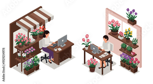 two people working at desks surrounded by flower pots and plants in a colorful isometric style indoor garden office scene