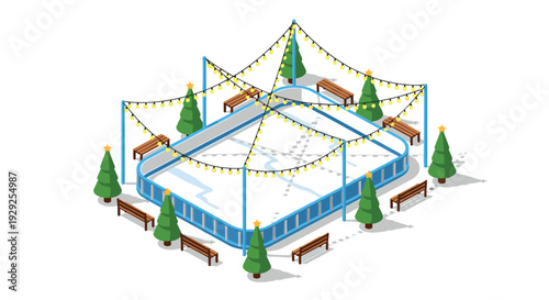 isometric ice skating rink with christmas trees benches and string lights in winter festive style
