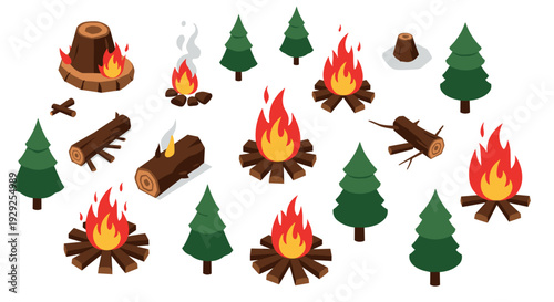 isometric campfire logs tree stump and pine trees hand drawn forest collection