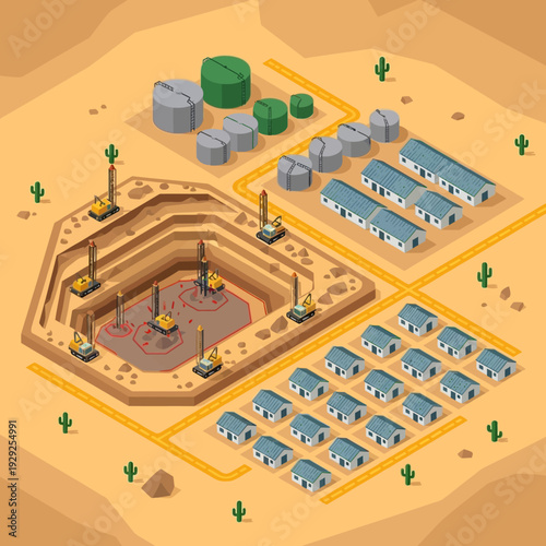 Oil Rig and Storage Tanks in Desert.