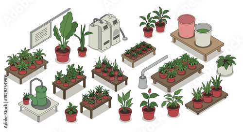 isometric collection of potted plants and gardening equipment in hand drawn style for home and interior decoration
