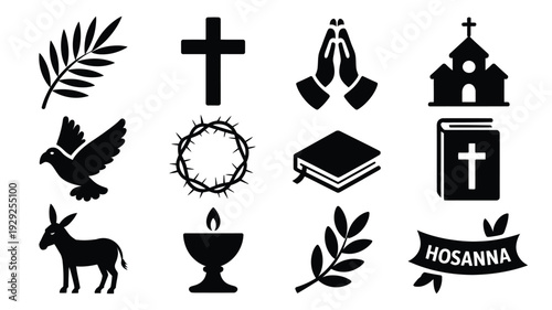 Palm sunday logo bundle with religious symbols icons and text black silhouettes on white background for easter and holy week celebrations worship and faith concepts