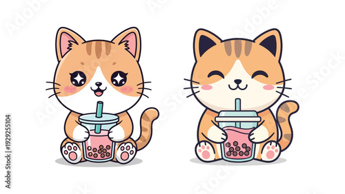 kawaii twin orange tabby cats sipping bubble tea. cute vector illustration perfect for foodie stickers, summer drinks, pet lovers, cafe themes, or playful children's designs.