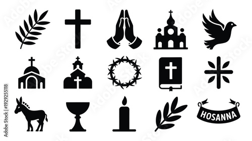 Palm sunday logo bundle with christian symbols and icons including crosses churches palms and easter elements on white background