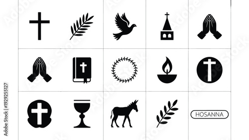 Minimalist christian symbols and icons set including cross dove church praying hands holy book flame donkey and leaves on white background for design and religious purposes