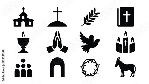 Palm sunday christian symbols and icons set including church cross palm leaf and easter elements in black silhouette on white background