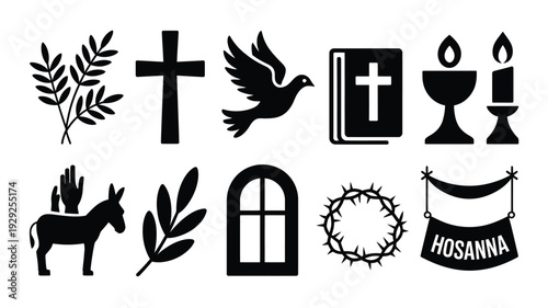Palm sunday silhouette bundle christian symbols religious icons easter elements black illustrations