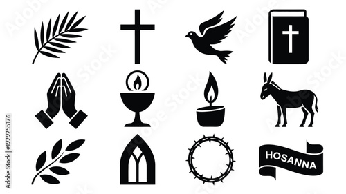 Palm sunday symbols and icons christian faith elements cross dove donkey hosanna holy week easter religious symbols