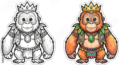 Sticker design with animal themed cut lines. Cute tribal costumes. Colored and black and white. print design
