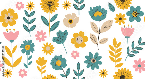Delightful seamless floral pattern with hand-drawn wildflowers in cheerful colors, vector illustration perfect for fabric, wallpaper, stationery, kids' designs, or spring summer textiles.