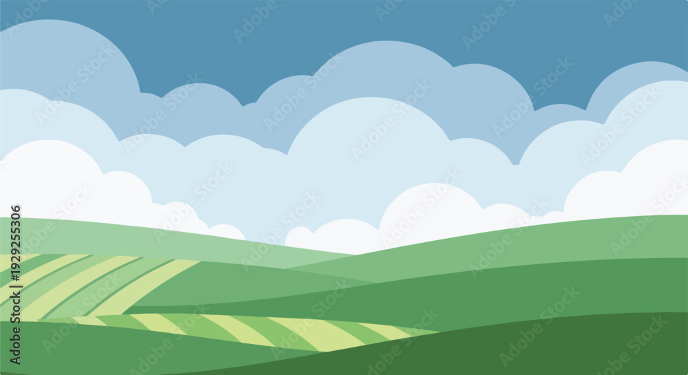 Obraz premium A stylized illustration featuring rolling green hills under a cloudy sky