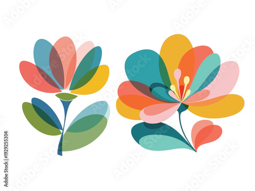 colorful abstract flowers in bold retro palette, flat vector illustration perfect for spring summer designs, wallpaper, fabric, greeting cards, or modern floral decor.