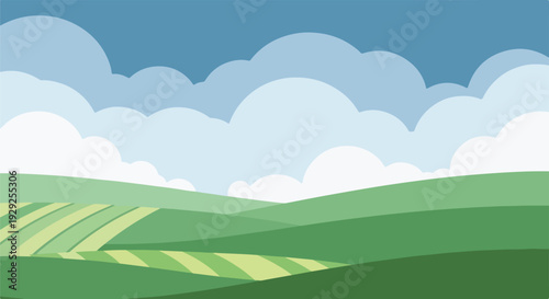 A stylized illustration featuring rolling green hills under a cloudy sky