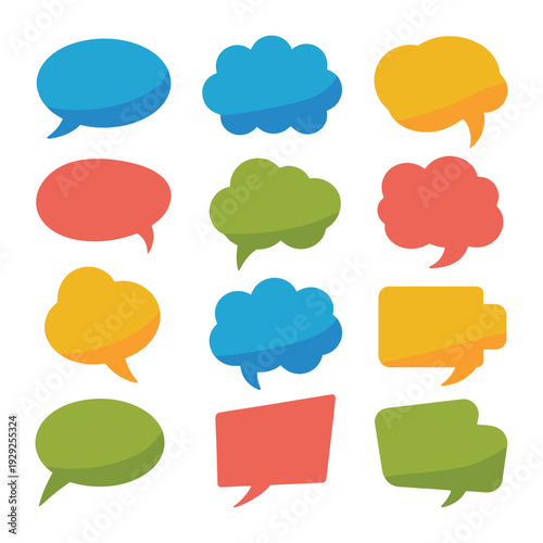 Colorful Speech Bubble Collection: A vibrant assortment of speech bubbles in various shapes and sizes, perfect for conveying thoughts, ideas, and messages, with diverse colors