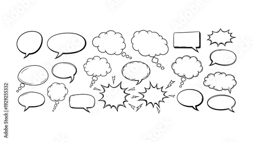 Speaking of Dialogue: A collection of various hand-drawn speech bubbles and thought bubbles. These minimalistic illustration embodies the essence of communication.