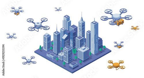 isometric modern city with delivery drones flying around hand drawn futuristic technology illustration