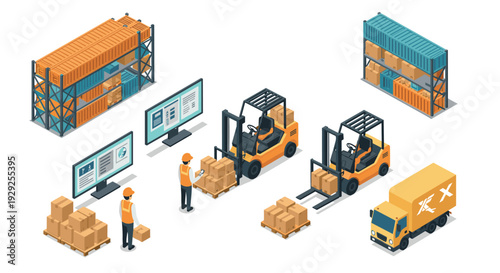 warehouse logistics process with hand drawn forklifts workers pallets boxes and delivery truck isometric illustration