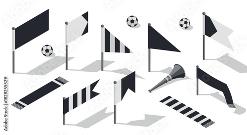 black and white soccer fan accessories set with flags scarves footballs and vuvuzela in isometric style