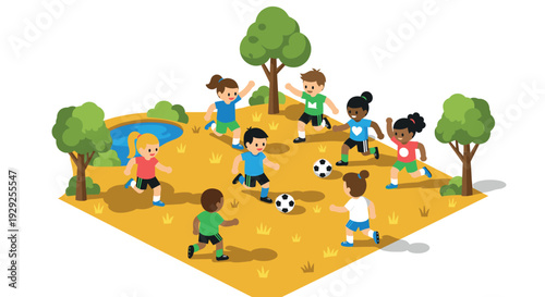 children playing soccer outdoors on grassy field with trees and pond in colorful cartoon style