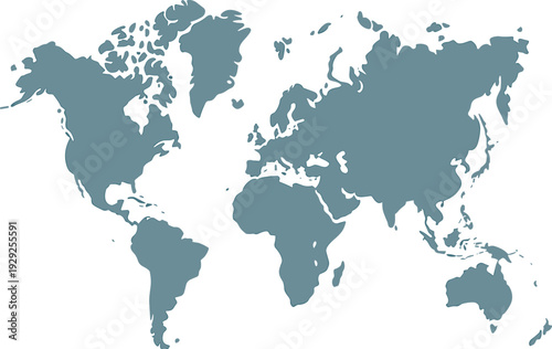 Stylized minimalist blue‑gray silhouette world map showing continents and landmasses without borders, abstract global geography design, educational illustration artwork