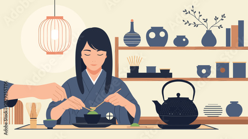 woman enjoying traditional japanese tea ceremony in a minimalist modern setting with tea utensils and ceramic decor